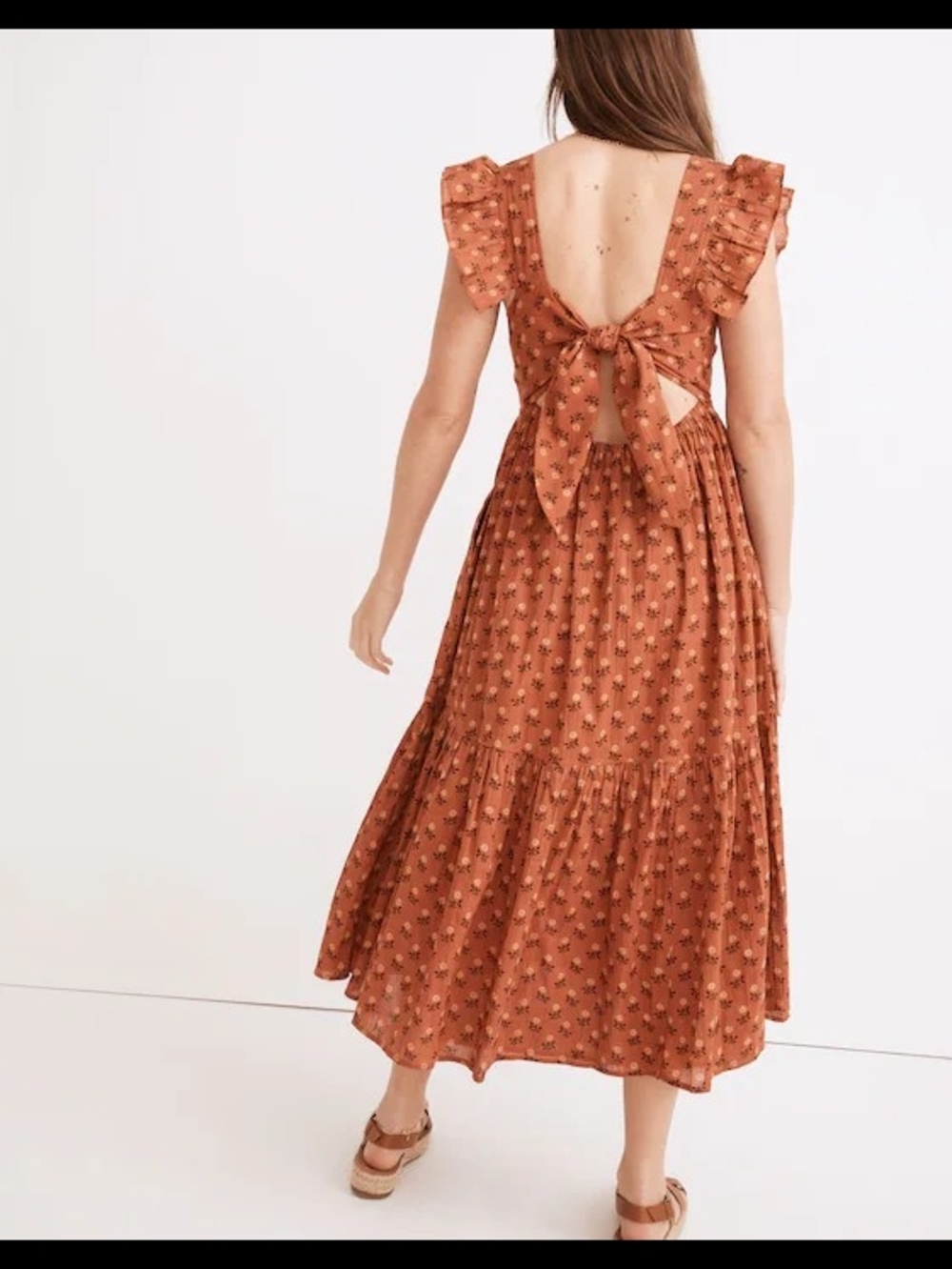 Ruffle-Strap Tiered Midi Dress in Wild Calendula Block-Print